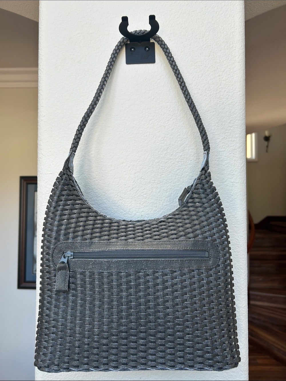 Tiras Woven Shoulder Bag with Front Zip in gray